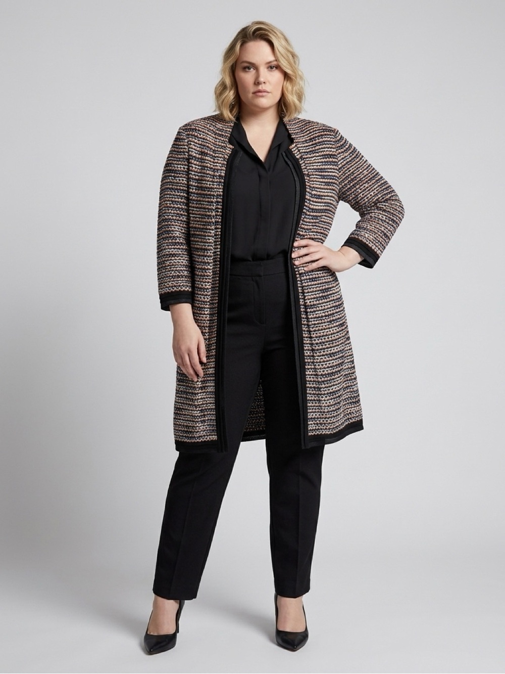 St. John Multicolor Knit Cardigan Coat in Black, Cream & Rust